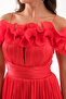 Women's Red Fitted Collar Detail Midi Evening Dress - 4