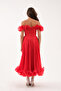 Women's Red Fitted Collar Detail Midi Evening Dress - 5