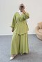 Double Set with Gathered Balloon Sleeves, Belt Detail Blouse and Wide Leg Pants 8882 - Green