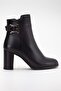 Women's Genuine Leather Buckle Heeled Boots - Black - 3