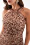 Women's Brown Slim Fit Halter Neck Sequined Evening Dress - 3