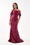 Women's Burgundy Slim Fit Boat Neck Beaded Long Satin Evening Dress