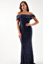 Women's Navy Blue Slim Fit Madonna Collar Sequin Long Evening Dress - 3