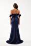 Women's Navy Blue Slim Fit Boat Neck Beaded Long Satin Evening Dress - 5