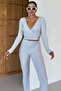 Women's Gray V-Neck Double Breasted Crop Leggings Bottom-Top Interlock Suit - 5