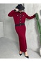 Women's Burgundy Stylish Pocket Detailed Cardigan Skirt Bottom Top Double Knitwear Set - 6
