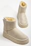 Mini Velcro Beige Suede Half Boots with Fur Inside Flat Sole Women's Shoes