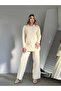 Women's Buttoned Cardigan and Trouser Set - Ecru - 2