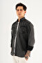 Men's Washable Denim Shirt Slimfit Slim Fit Double Flap Pocket Snap Closure Black - 3