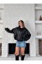 Women's Oversized Leather Look Jacket with Zippered Belt Detail - 8