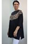 Black Boat Neck Front Robe Leopard Trim Bat Three-Quarter Sleeve Loose Combed Cotton Viscose T-Shirt - 4