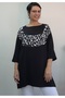 Black Boat Neck Front Robe Color Block Bat Three-Quarter Sleeve Loose Combed Cotton Viscose T-Shirt - 4