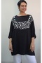 Black Boat Neck Front Robe Color Block Bat Three-Quarter Sleeve Loose Combed Cotton Viscose T-Shirt - 8
