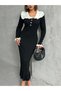Women's Black Elegant Collar Detail Midi Length Knit Dress - 4