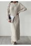Women's Hair Knit Embroidered Crew Neck Long Sleeve Knitwear Dress - Stone Color
