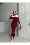 Women's Burgundy Stylish Collar Detail Midi Length Knit Dress - 7