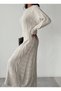 Women's Hair Knit Embroidered Crew Neck Long Sleeve Knitwear Dress - Stone Color - 3