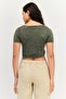 Women Square Neck Short Sleeve Washed Top, Olive - 2