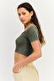 Women Square Neck Short Sleeve Washed Top, Olive - 4