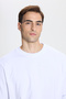 3 Thread Warm Cotton Standard Fit Regular Fit Crew Neck Men's White Sweatshirt - 2