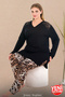 Leopard Print Long Capri Bottom Lace Shoulder Long Sleeve V-Neck Viscose Fabric Pajamas Set 11418 - 2