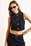 Women's Navy Blue Shirt Collar Buttoned Crop Denim Vest Ylk-19000085 - 2