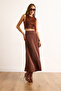 Women's Brown Hidden Zipper Satin Flowy Midi Skirt Etk-19000350 - 4