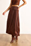 Women's Brown Hidden Zipper Satin Flowy Midi Skirt Etk-19000350 - 7