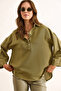 Women's Khaki Shirt Collar Buttoned Flowy Viscose Blouse Blz-19003088 - 5