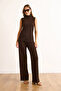 Women's Brown Asymmetrical Blouse Bottom Top Textured Set Tkm-19000426 - 6
