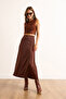 Women's Brown Hidden Zipper Satin Flowy Midi Skirt Etk-19000350 - 6