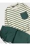 Boy's 100% Cotton Cream Color Green Striped Long Sleeve Tracksuit Set - 3