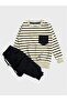 Boy's 100% Cotton Cream Color Black Striped Long Sleeve Tracksuit Set