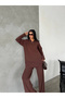 Women's Brown Relaxed Fit Zippered Oversize Bottom and Top Double Knitwear Set - 4