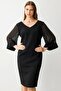 Tulle Beaded Midi Dress with Sleeves Black - 4
