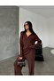 Women's Brown Relaxed Fit Zippered Oversize Bottom and Top Double Knitwear Set