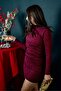 Turtleneck Draped Silvery Burgundy Dress - 3