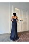 Navy Blue Beaded Strapless Evening Dress with Sleeve Detail - 6