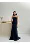 Black Shawl Collar Detailed Strapless Evening Dress - 3