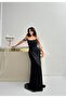 Black Beaded Strapless Evening Dress with Sleeve Detail - 2