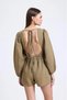 Deep V-Neck Waist-Fitted Backless Mini Linen Natural Fabric Summer Vacation Shorts Jumpsuit - 3