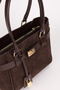 Women's Brown Suede Belt and Lock Charm Detail Zip-Closure Hand and Shoulder Bag Lotus - 2