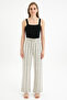 Women's Black Patterned Belted Elastic Waist Relaxed Fit Palazzo Linen Trousers