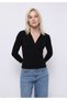 Slim Fit Polo Neck Plain Women's Black Long Sleeve T-Shirt