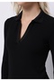 Slim Fit Polo Neck Plain Women's Black Long Sleeve T-Shirt - 4
