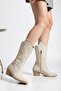 Cowboy Beige Leather Boots Women's Western Stitching Detailed Medium Thick Heeled - 2