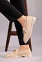 Women's Cream Loafer Moccasin Casual Gold Color Buckle Casual Shoes - 3