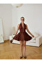 Brown V-Neck Halter Neck Gold Button Detailed Dress - 3