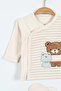 Cotton Newborn Teddy Bear Embroidered Striped Baby 5-Piece Bodysuit Set with Booties - Hospital Release Cream - 2