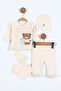 Cotton Newborn Teddy Bear Embroidered Striped Baby 5-Piece Bodysuit Set with Booties - Hospital Release Cream